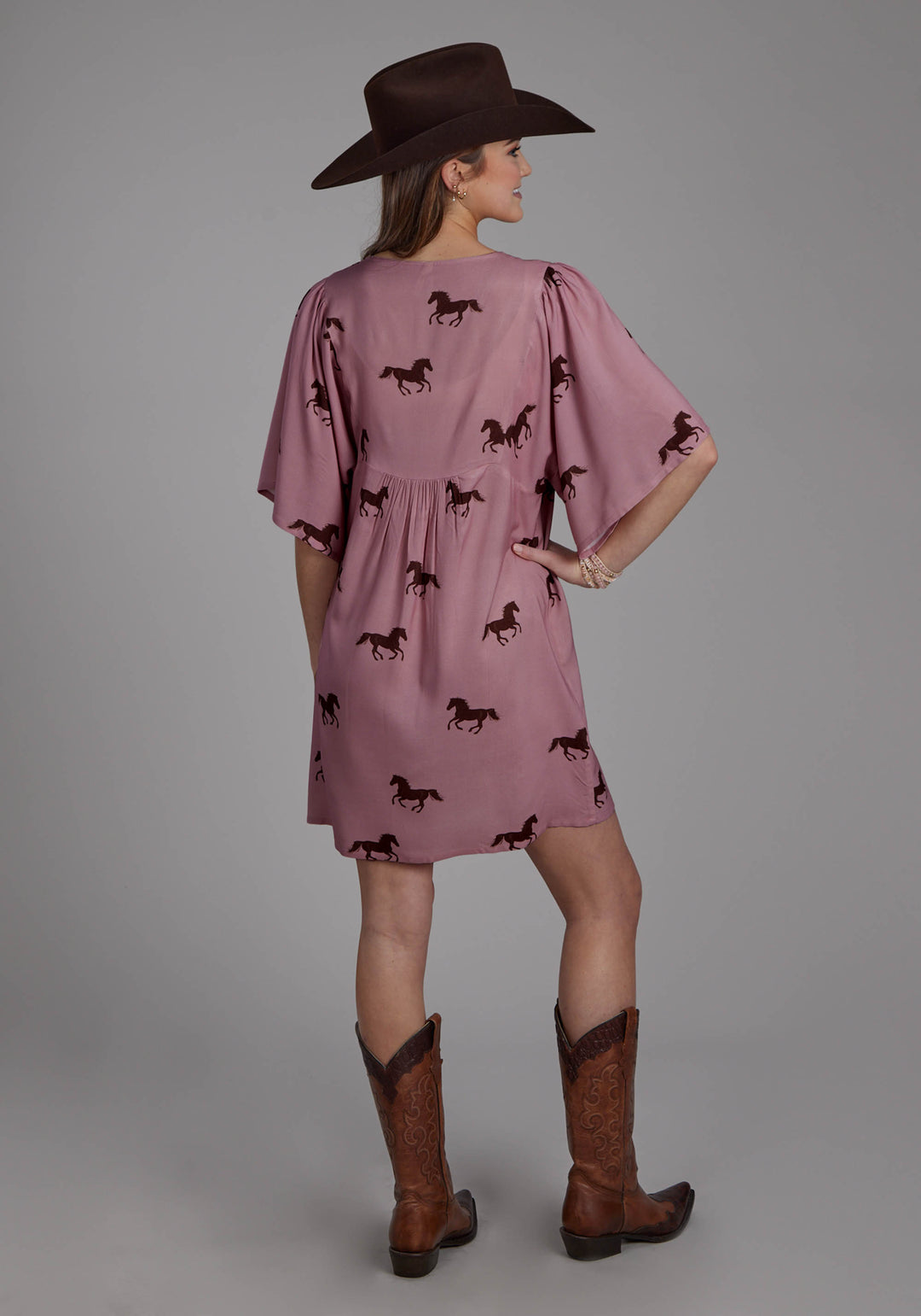 WOMENS WILD HORSES PRINTED RAYON SHORT SLEEVE DRESS PULLOVER DRESS