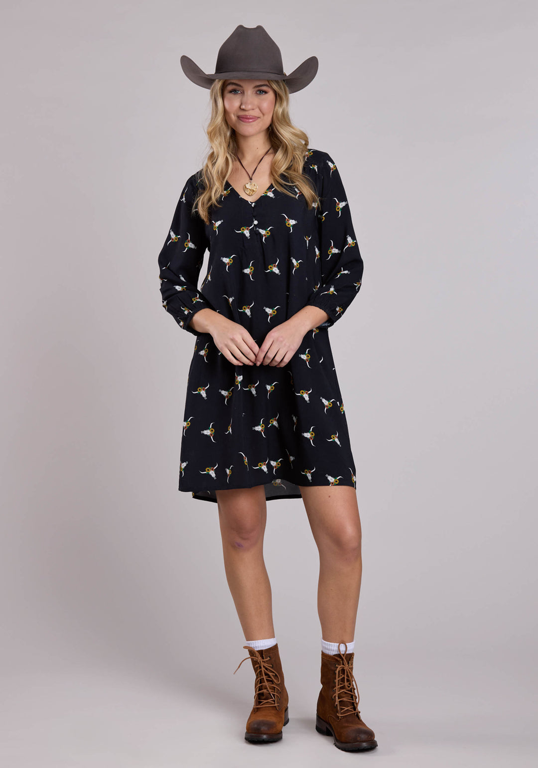 WOMENS LONG SLEEVE DRESS BUTTON SKULL PRINT V-NECK WESTERN DRESS