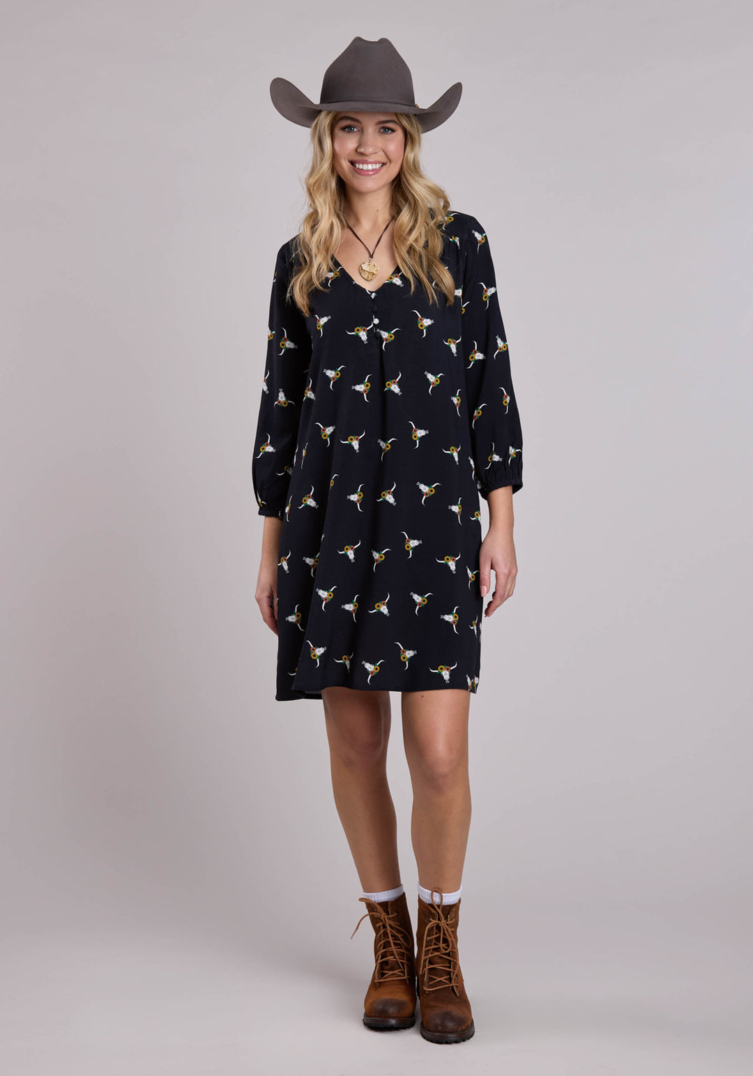 WOMENS LONG SLEEVE DRESS BUTTON SKULL PRINT V-NECK WESTERN DRESS