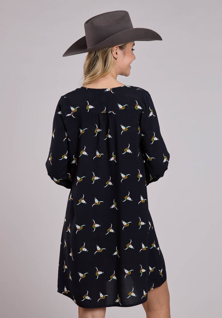 WOMENS LONG SLEEVE DRESS BUTTON SKULL PRINT V-NECK WESTERN DRESS