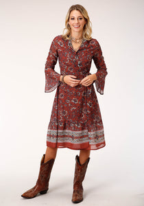 WOMENS LONG SLEEVE RUST FLORAL BORDER PRINT WRAP DRESS