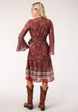 WOMENS LONG SLEEVE RUST FLORAL BORDER PRINT WRAP DRESS