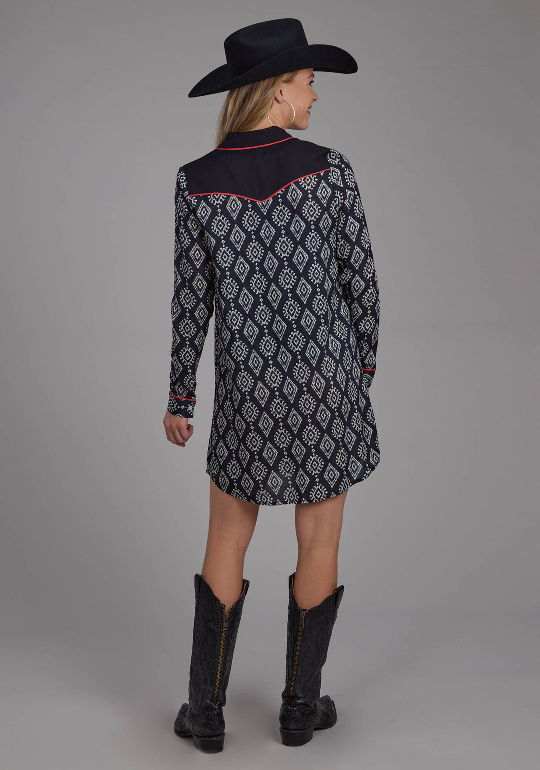 WOMENS BLACK CREAM IKAT PRINT RAYON LONG SLEEVE DRESS BUTTON DRESS