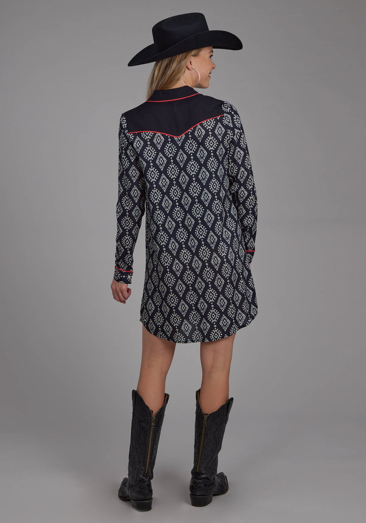 WOMENS BLACK CREAM IKAT PRINT RAYON LONG SLEEVE DRESS BUTTON DRESS