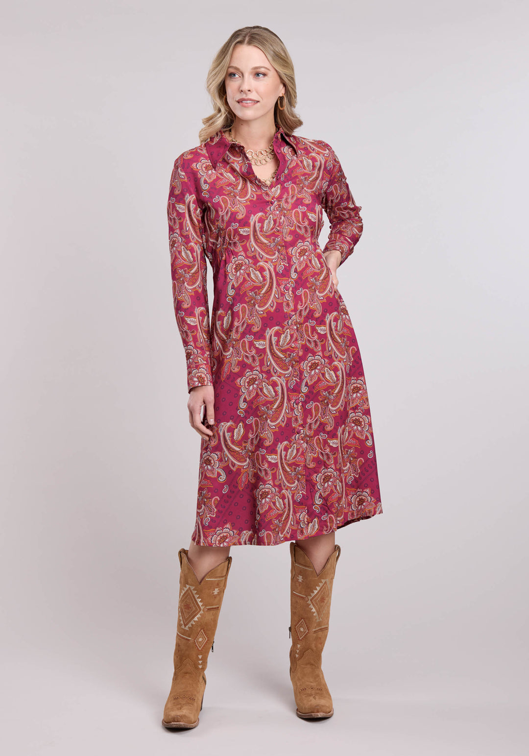 WOMENS LONG SLEEVE DRESS BUTTON RASP PAISLEY BANDANA PRINT RAYON WESTERN DRESS