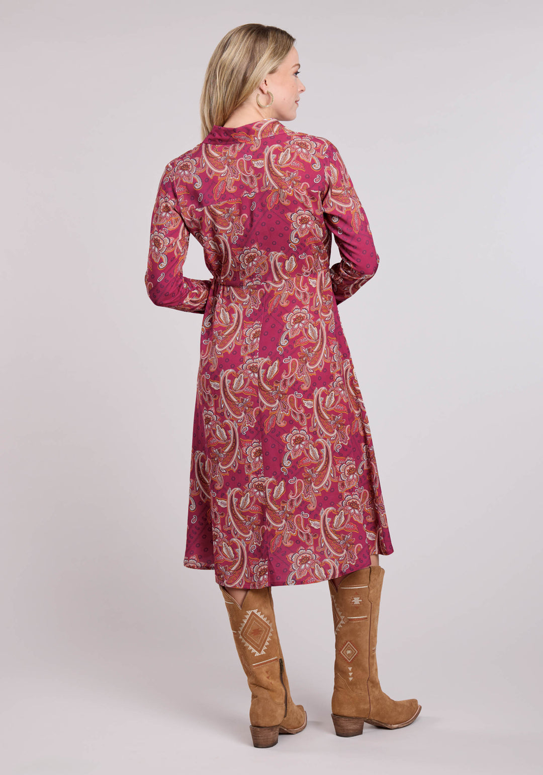 WOMENS LONG SLEEVE DRESS BUTTON RASP PAISLEY BANDANA PRINT RAYON WESTERN DRESS