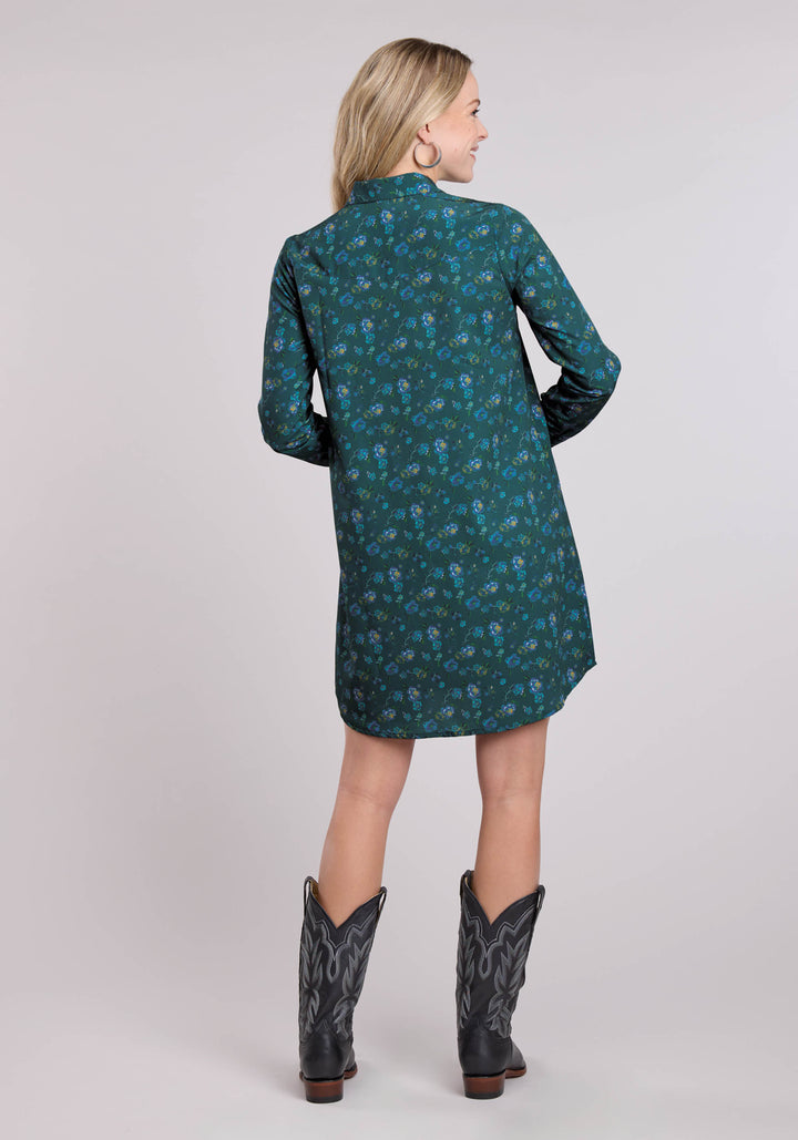 WOMENS LONG SLEEVE DRESS BUTTON POLY CREPE TEAL FAUX EMBROIDERED PRINT WESTERN DRESS