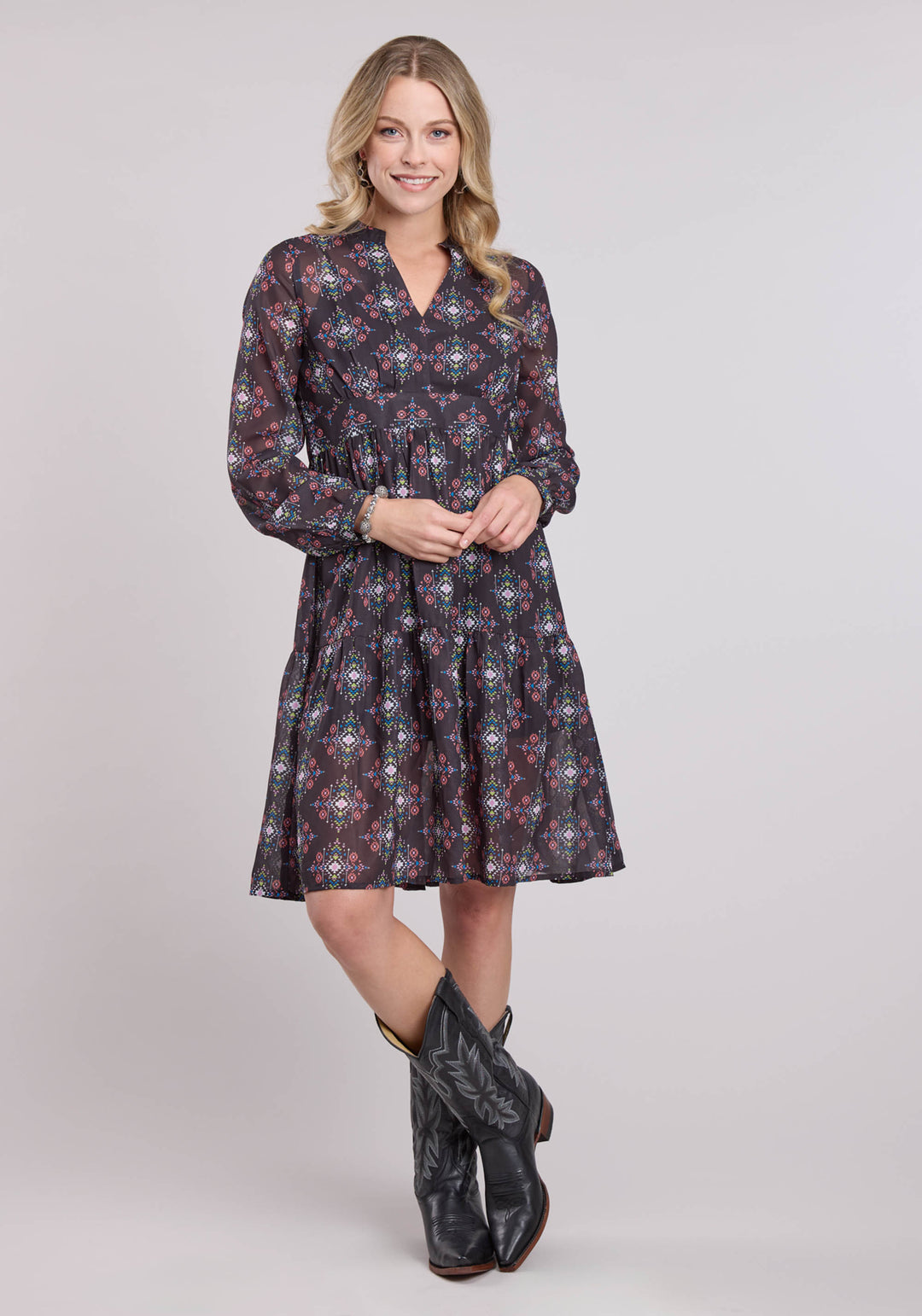 WOMENS LONG SLEEVE DRESS PULLOVER POLY GEORGETTE AZTEC BRIGHTS WESTERN DRESS