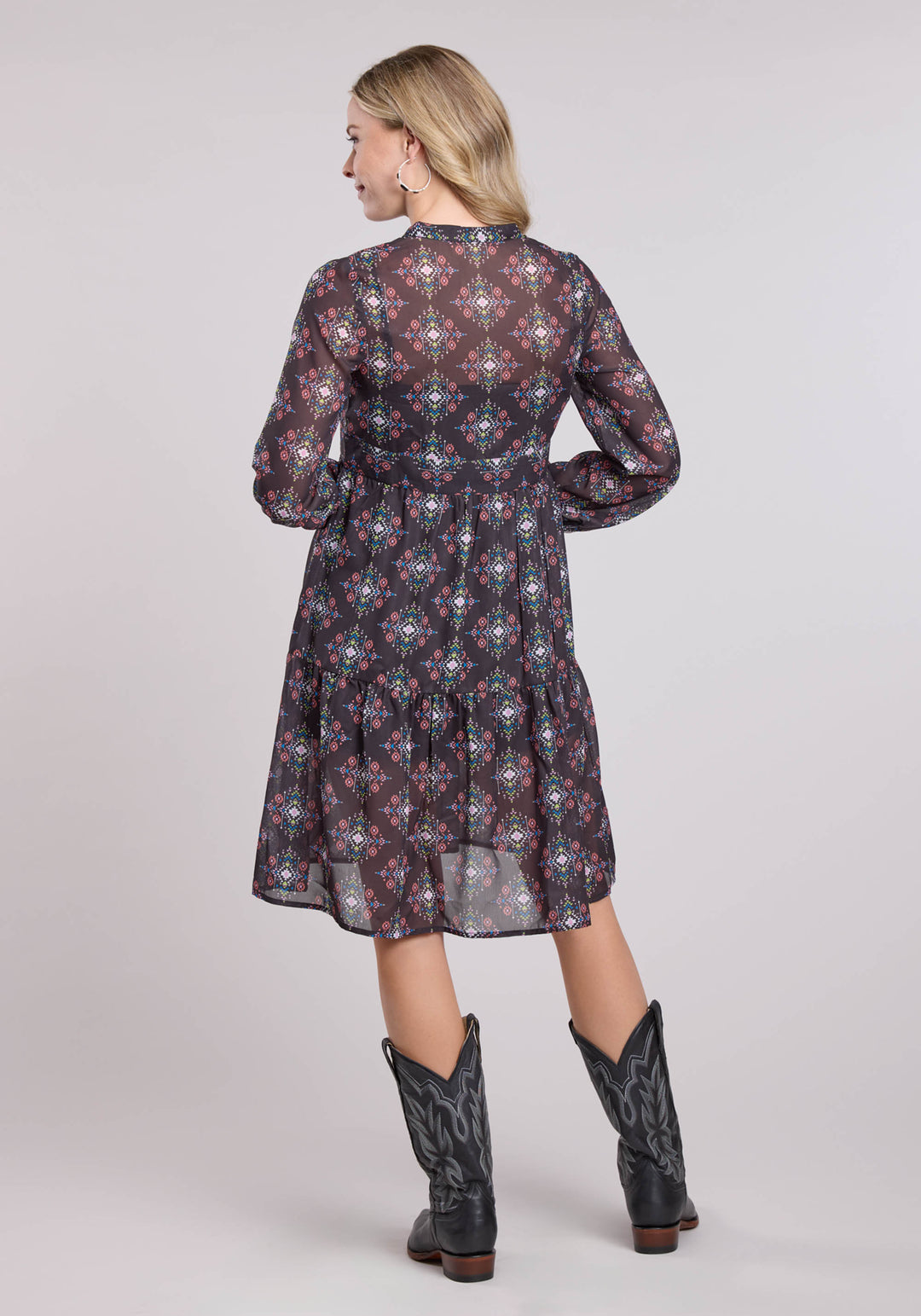 WOMENS LONG SLEEVE DRESS PULLOVER POLY GEORGETTE AZTEC BRIGHTS WESTERN DRESS