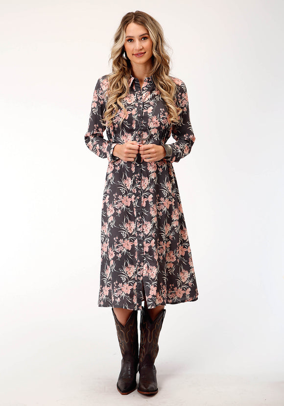 WOMENS LONG SLEEVE CORAL FLORAL PRINT WESTERN DRESS