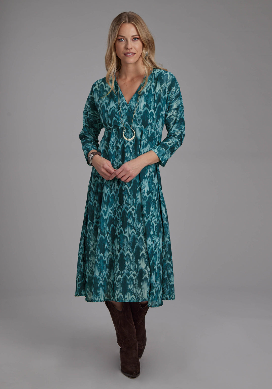 WOMENS TEAL FEATHER PRINT GEORGETTE LONG SLEEVE DRESS PULLOVER DRESS
