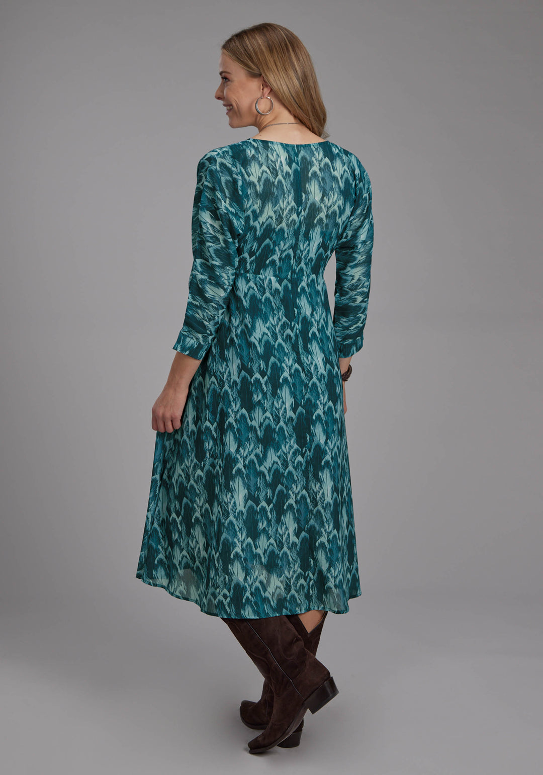 WOMENS TEAL FEATHER PRINT GEORGETTE LONG SLEEVE DRESS PULLOVER DRESS