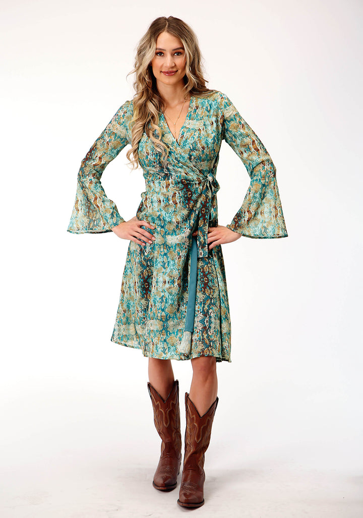 WOMENS LONG SLEEVE POLY TEAL SNAKE PRINT WRAP DRESS