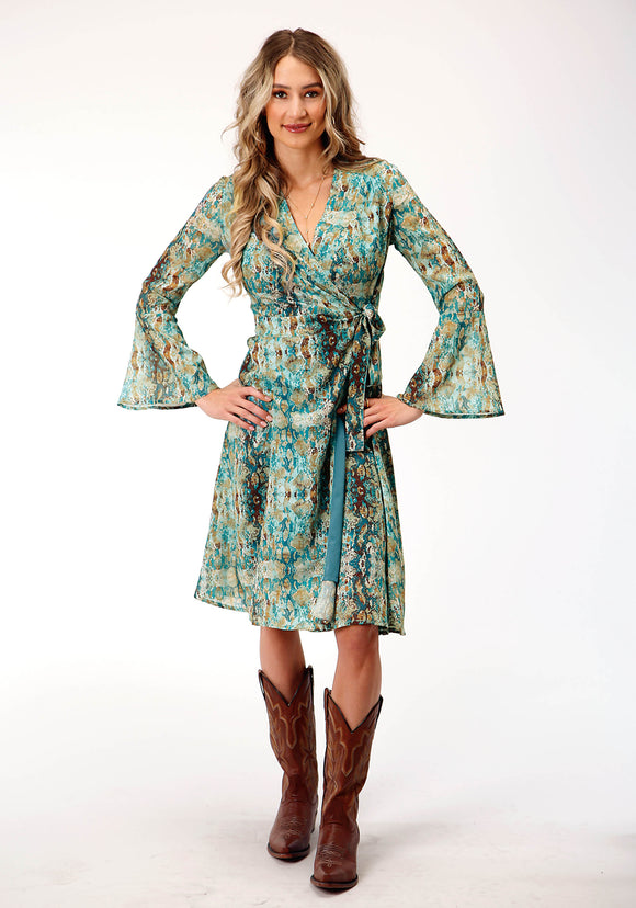 WOMENS LONG SLEEVE POLY TEAL SNAKE PRINT WRAP DRESS