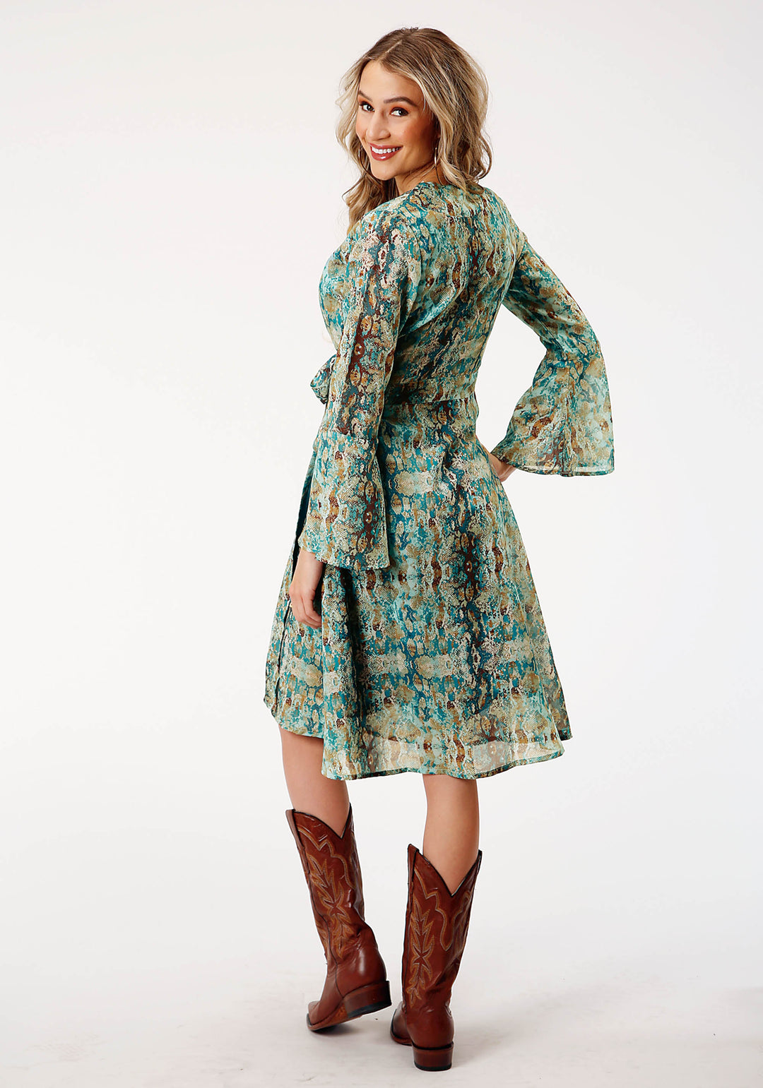 WOMENS LONG SLEEVE POLY TEAL SNAKE PRINT WRAP DRESS
