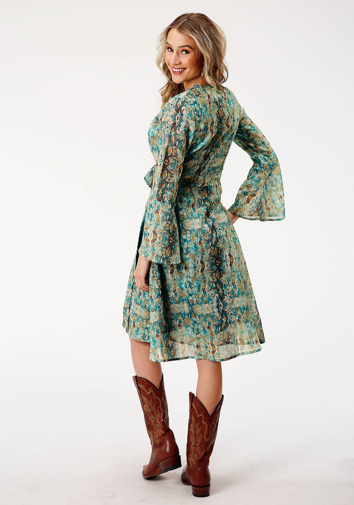 WOMENS LONG SLEEVE POLY TEAL SNAKE PRINT WRAP DRESS