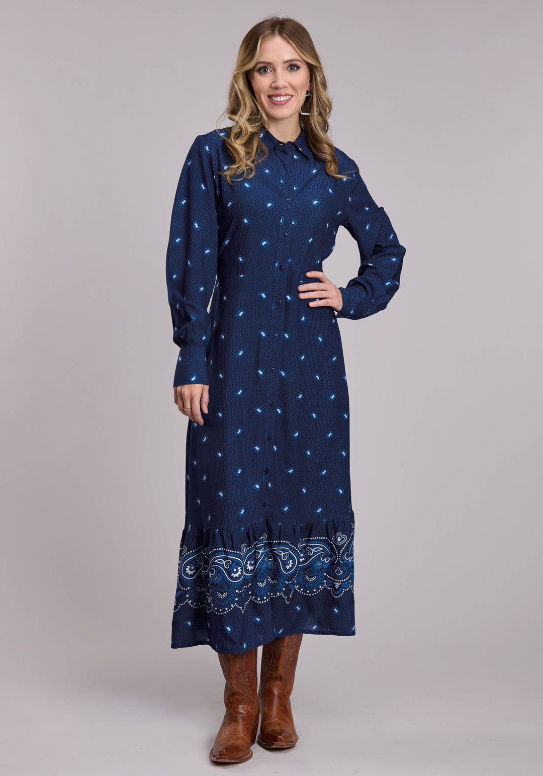 WOMENS ROPER BANDANA BORDER PRINT WESTERN SNAP DRESS