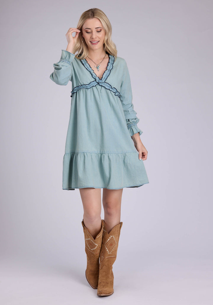 WOMENS LIGHT BLUE DENIM V-NECK DRESS LONG SLEEVE DRESS PULLOVER DRESS