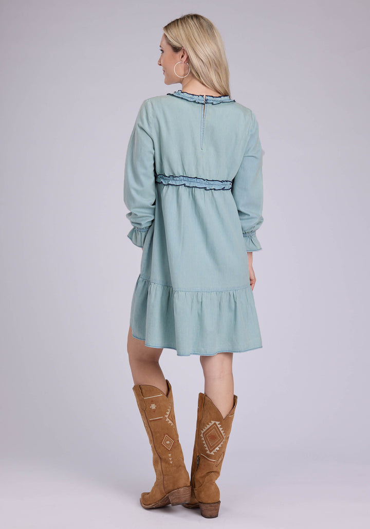 WOMENS LIGHT BLUE DENIM V-NECK DRESS LONG SLEEVE DRESS PULLOVER DRESS