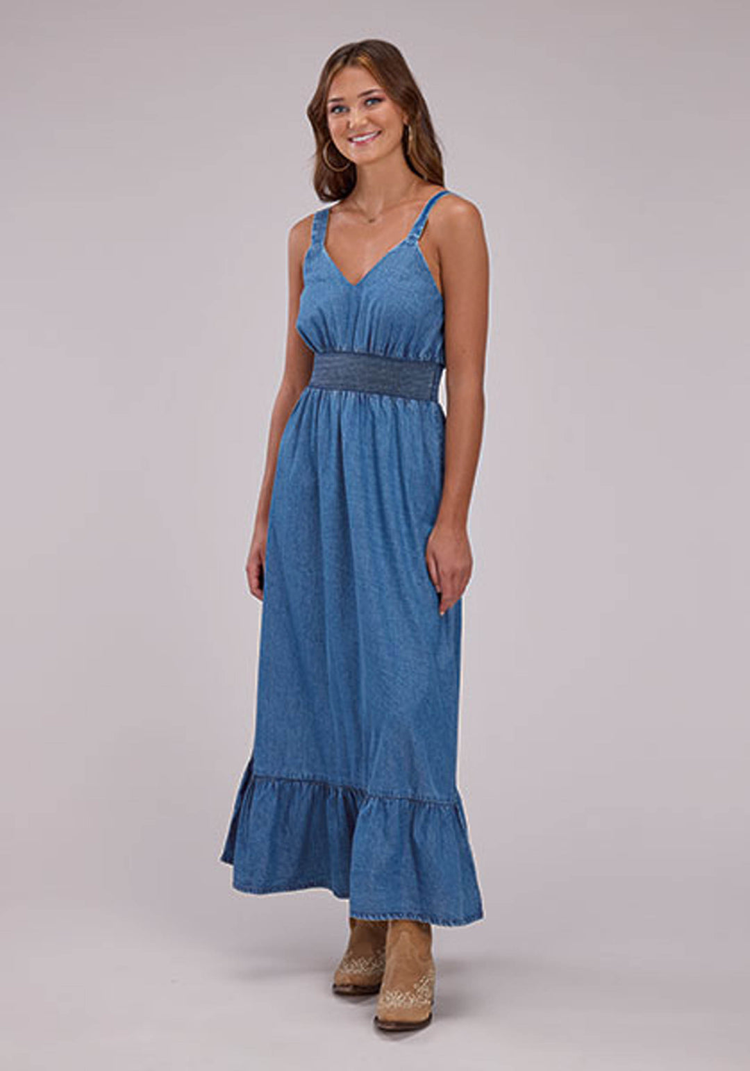 WOMENS DENIM MAXI DRESS WITH RUFFLE HEM SLEEVELESS DRESS PULLOVER DRESS