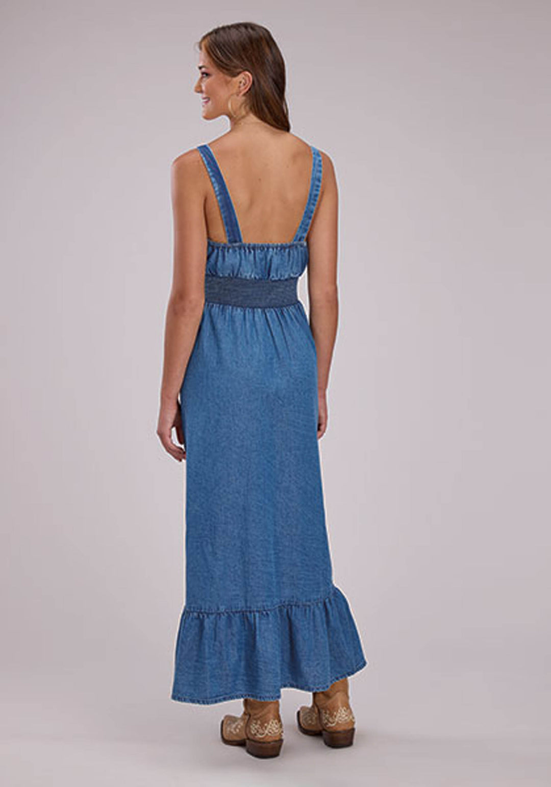 WOMENS DENIM MAXI DRESS WITH RUFFLE HEM SLEEVELESS DRESS PULLOVER DRESS