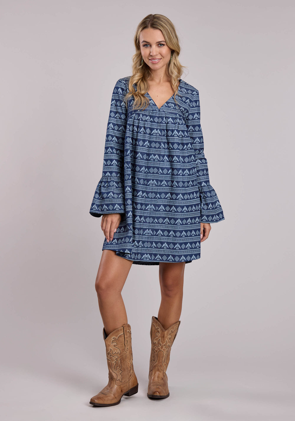 WOMENS ROPER PRINTED DENIM KNEE LENGTH LONG SLEEVE DRESS