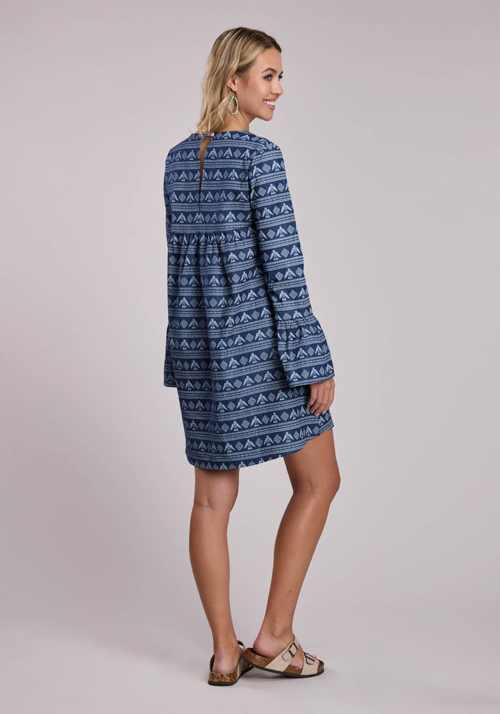 WOMENS ROPER PRINTED DENIM KNEE LENGTH LONG SLEEVE DRESS