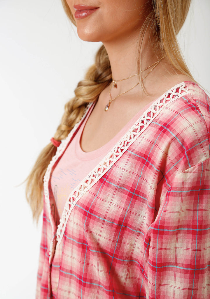 WOMENS PINK AND WHITE PLAID LONG SLEEVE SHIRT DRESS