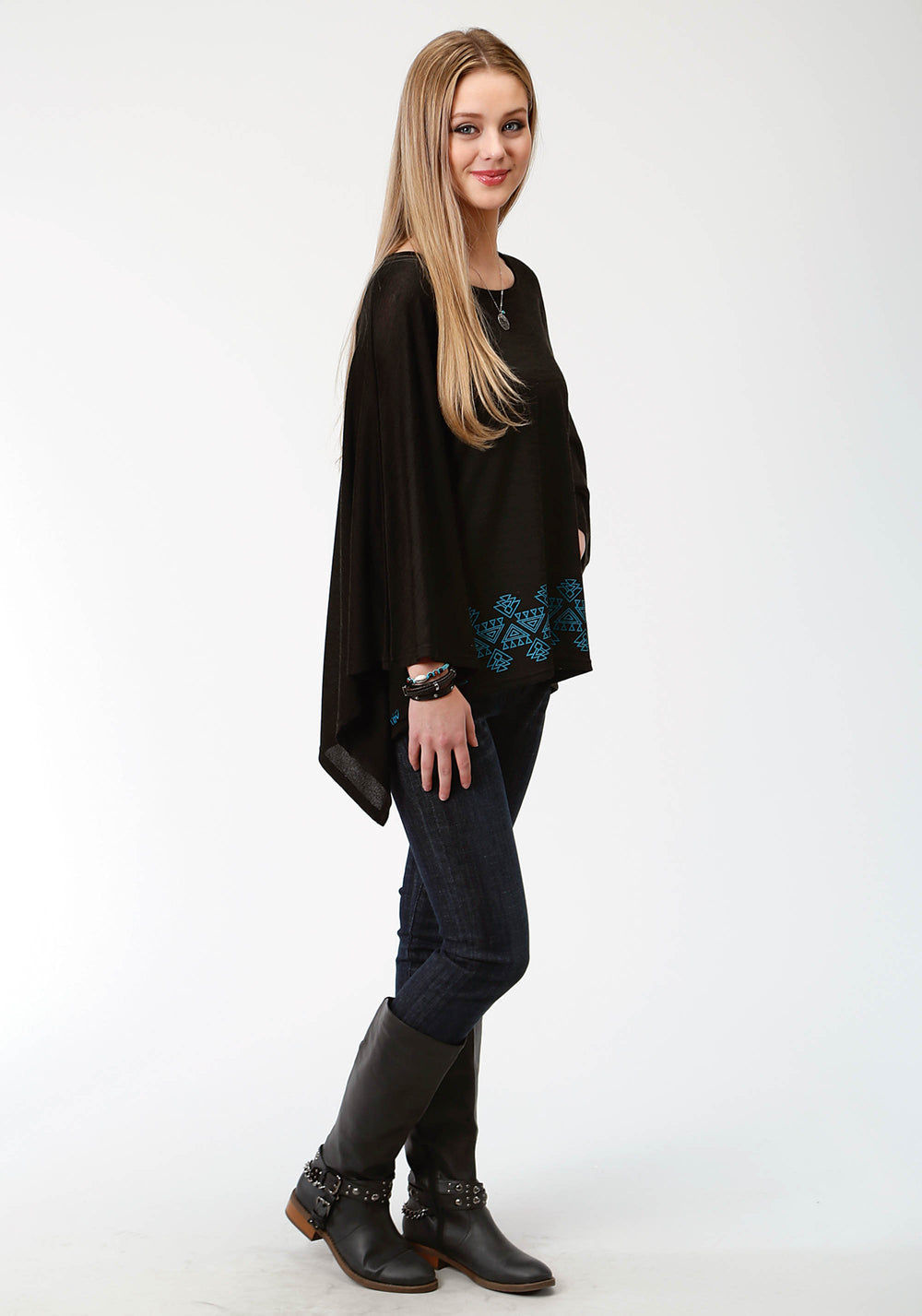 WOMENS BLACK AND TURQUOISE SWEATER KNIT PONCHO