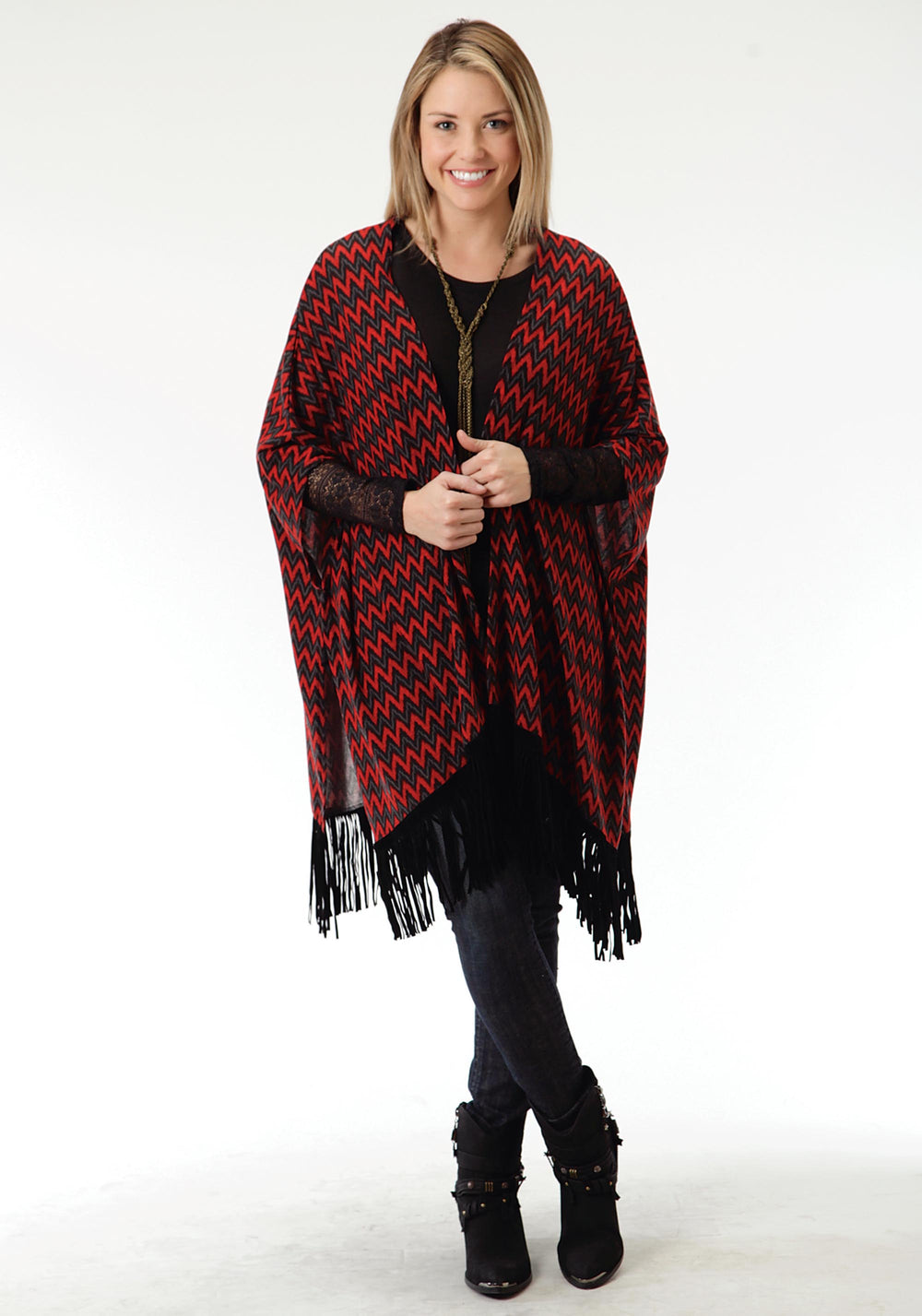 WOMENS RED AND BLUE CHEVRON PRINT PONCHO