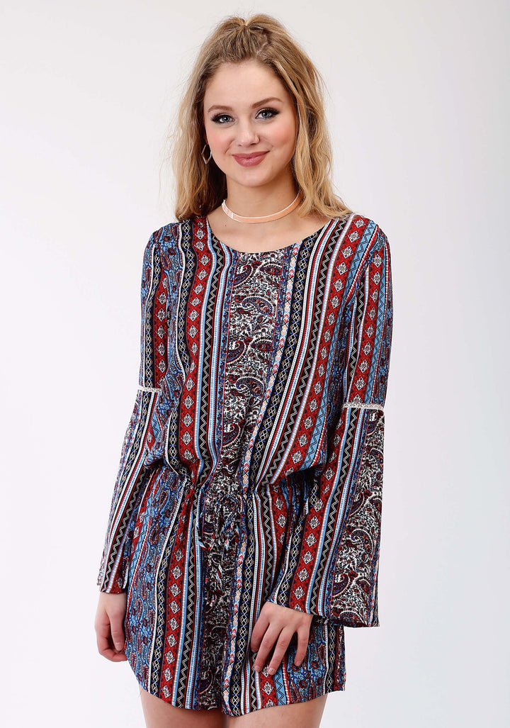WOMENS MULTICOLORED PAISLEY STRIPE ROMPER