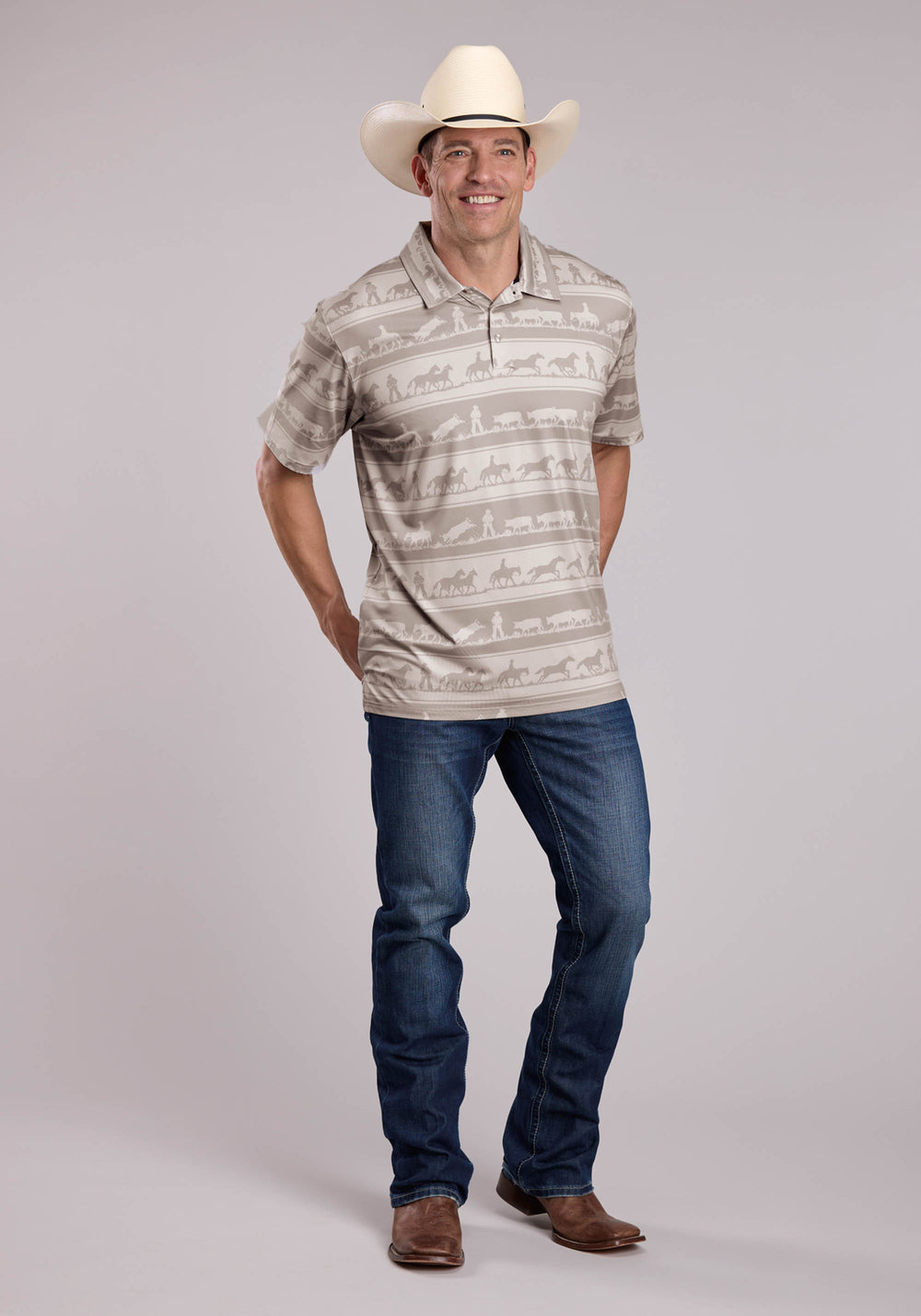 MENS ROPER COWBOY RUGBY PRINT SHORT SLEEVE SHIRT