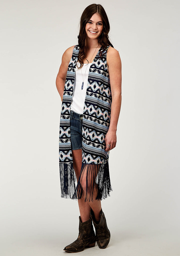 WOMENS NAVY AZTEC PRINTED RAYON VEST WITH RACER BACK CARDIGAN LONG FRINGE TRIM