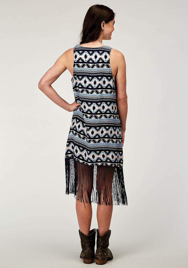 WOMENS NAVY AZTEC PRINTED RAYON VEST WITH RACER BACK CARDIGAN LONG FRINGE TRIM