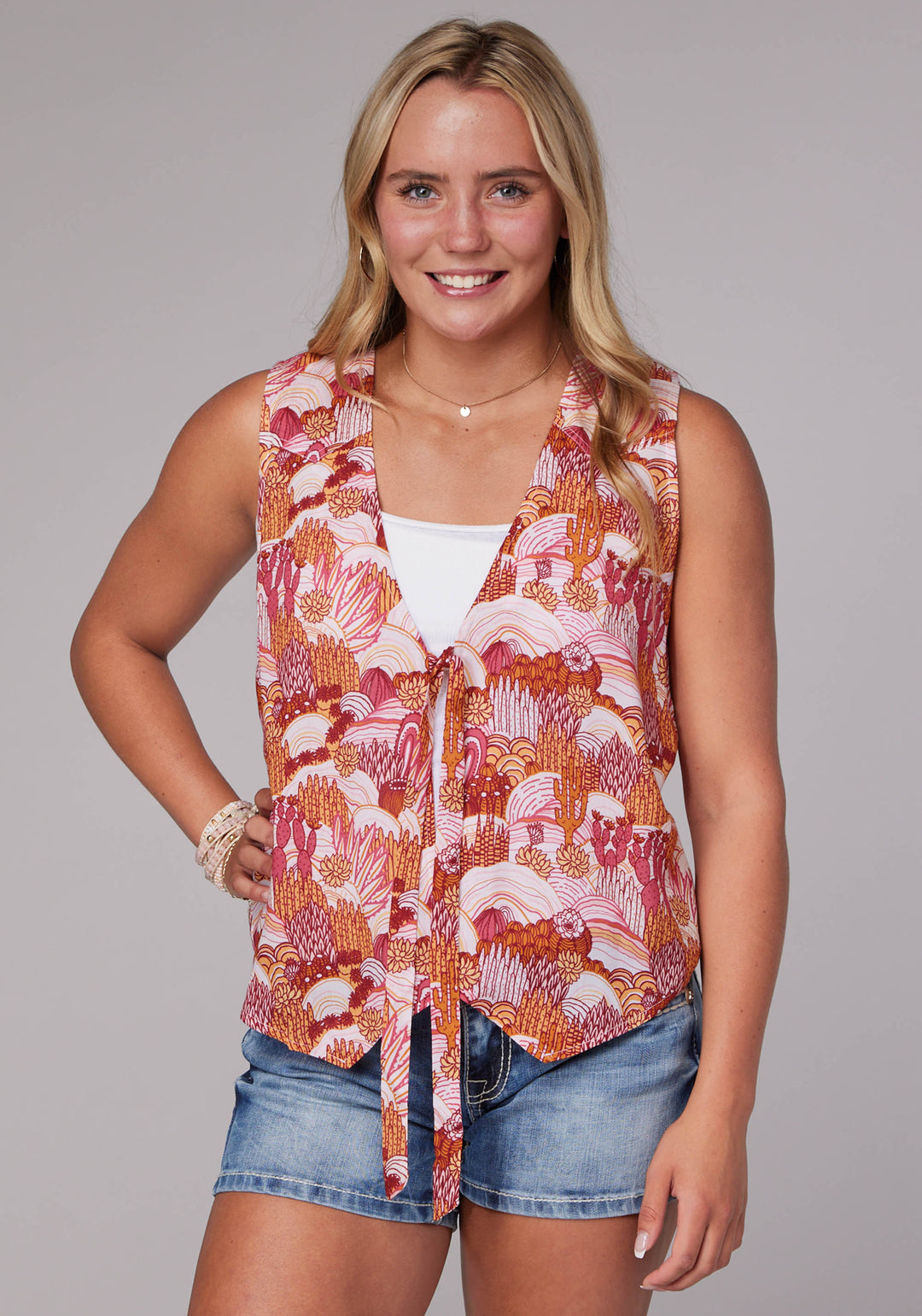 WOMENS GROOVY CACTI PRINT RAYON VEST PULLOVER VEST