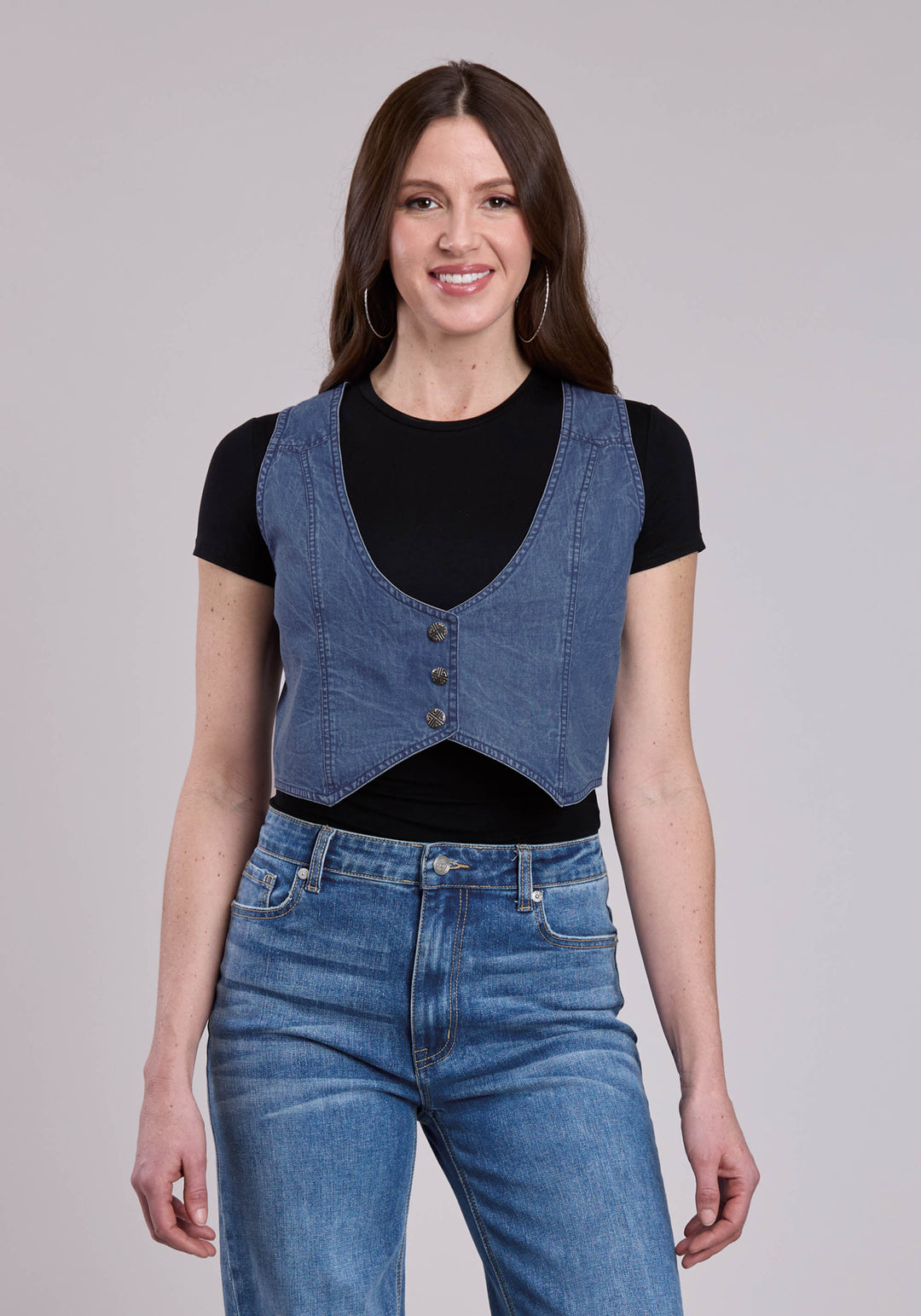 WOMENS VEST BUTTON DK DENIM MINI WESTERN VEST