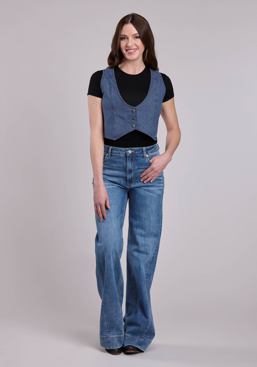 WOMENS VEST BUTTON DK DENIM MINI WESTERN VEST
