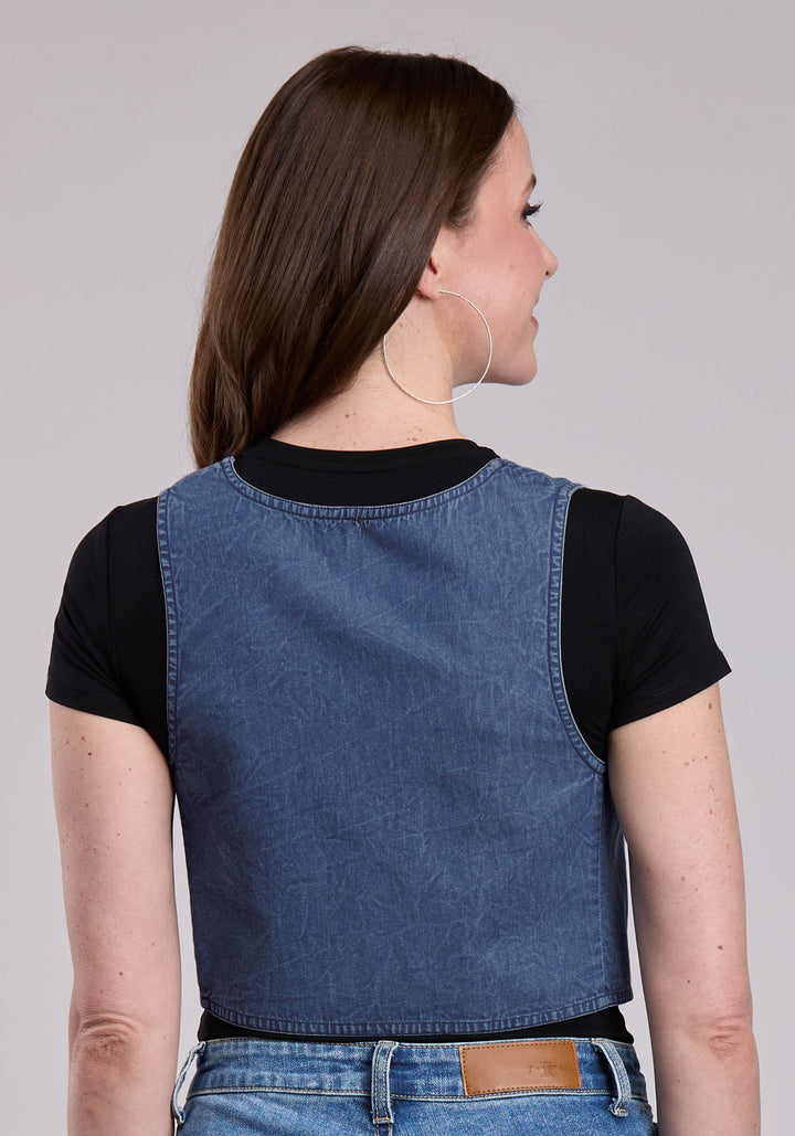 WOMENS VEST BUTTON DK DENIM MINI WESTERN VEST
