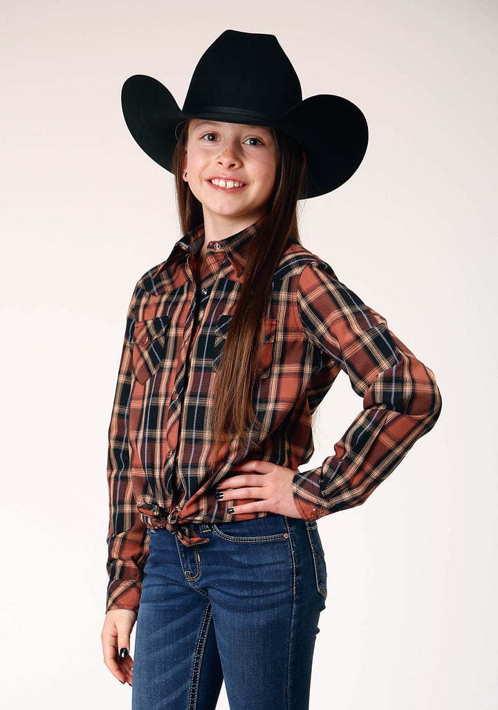 GIRLS LONG SLEEVE SNAP ARROW DOBBY PLAID WESTERN SHIRT