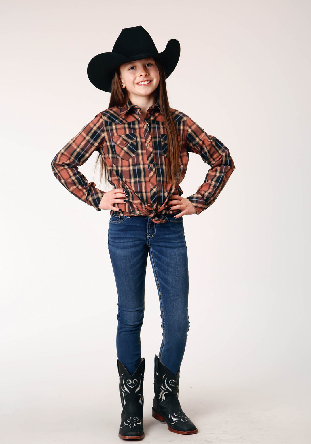 GIRLS LONG SLEEVE SNAP ARROW DOBBY PLAID WESTERN SHIRT