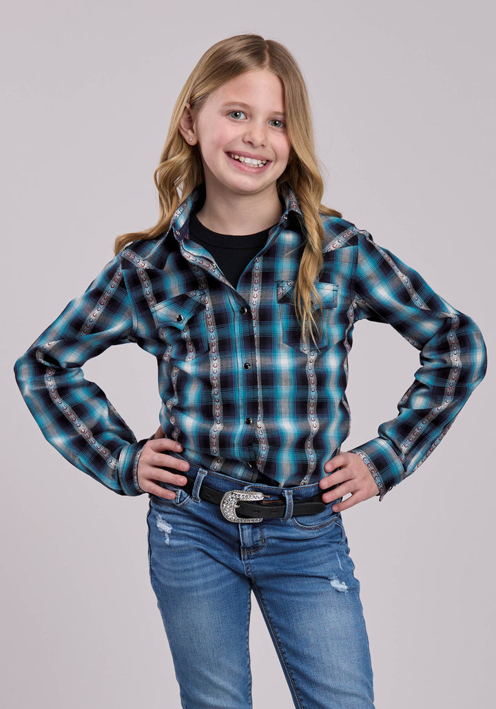 GIRLS LONG SLEEVE SNAP HORSESHOE DOBBY PLAID WESTERN SHIRT