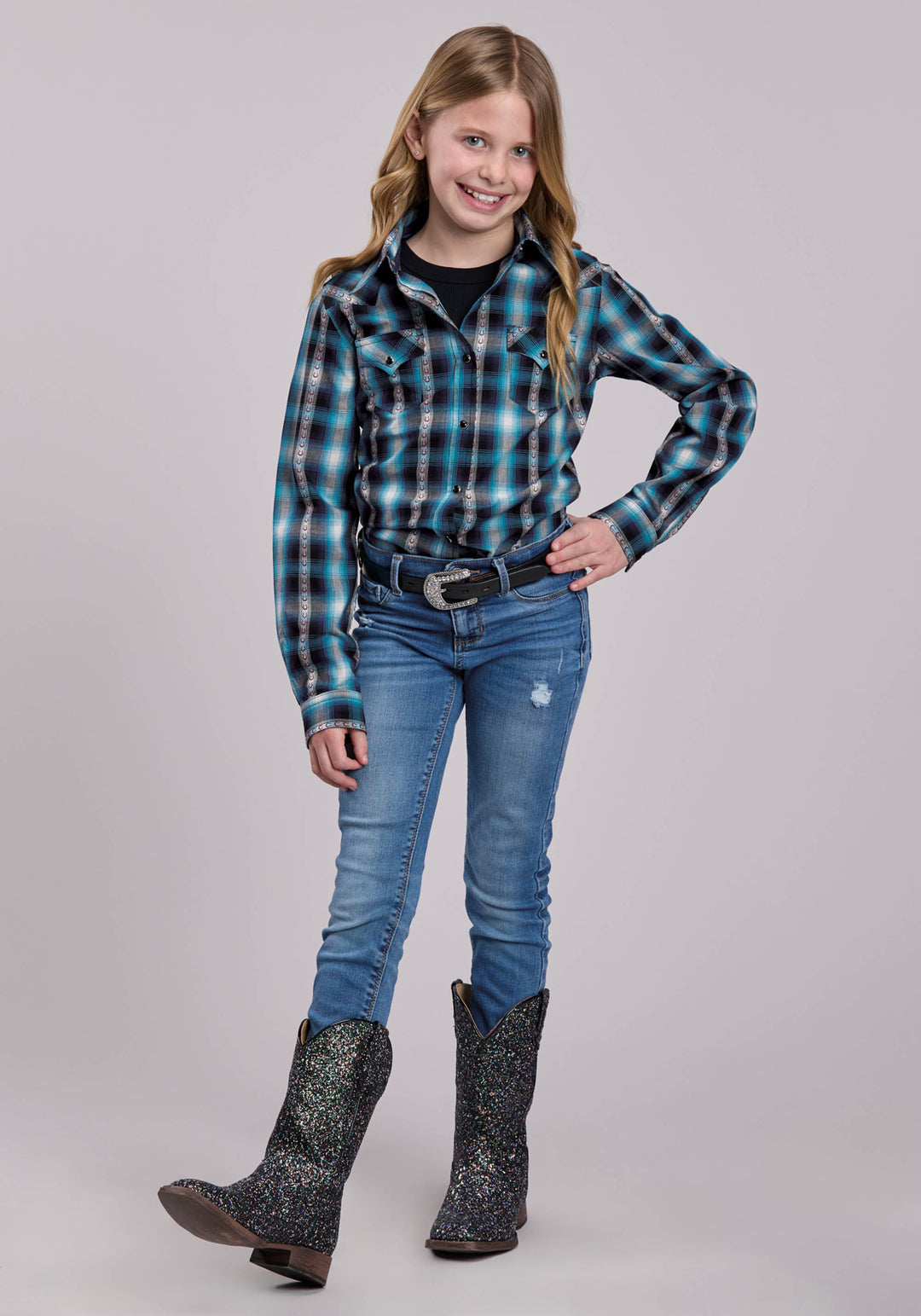 GIRLS LONG SLEEVE SNAP HORSESHOE DOBBY PLAID WESTERN SHIRT