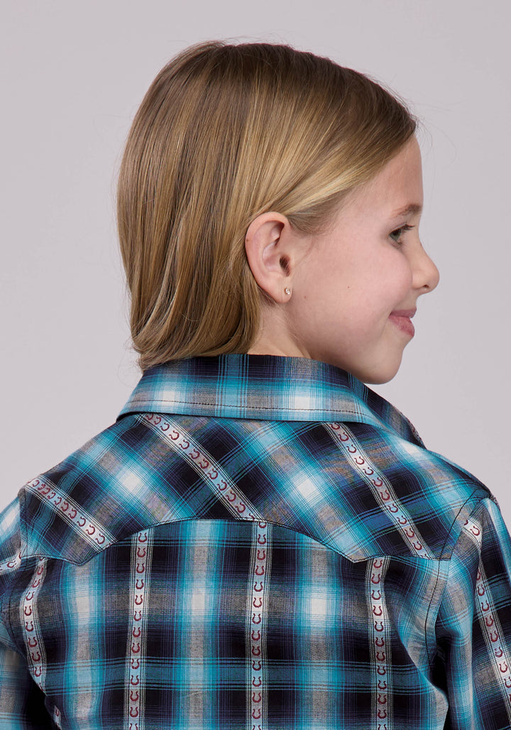 GIRLS LONG SLEEVE SNAP HORSESHOE DOBBY PLAID WESTERN SHIRT