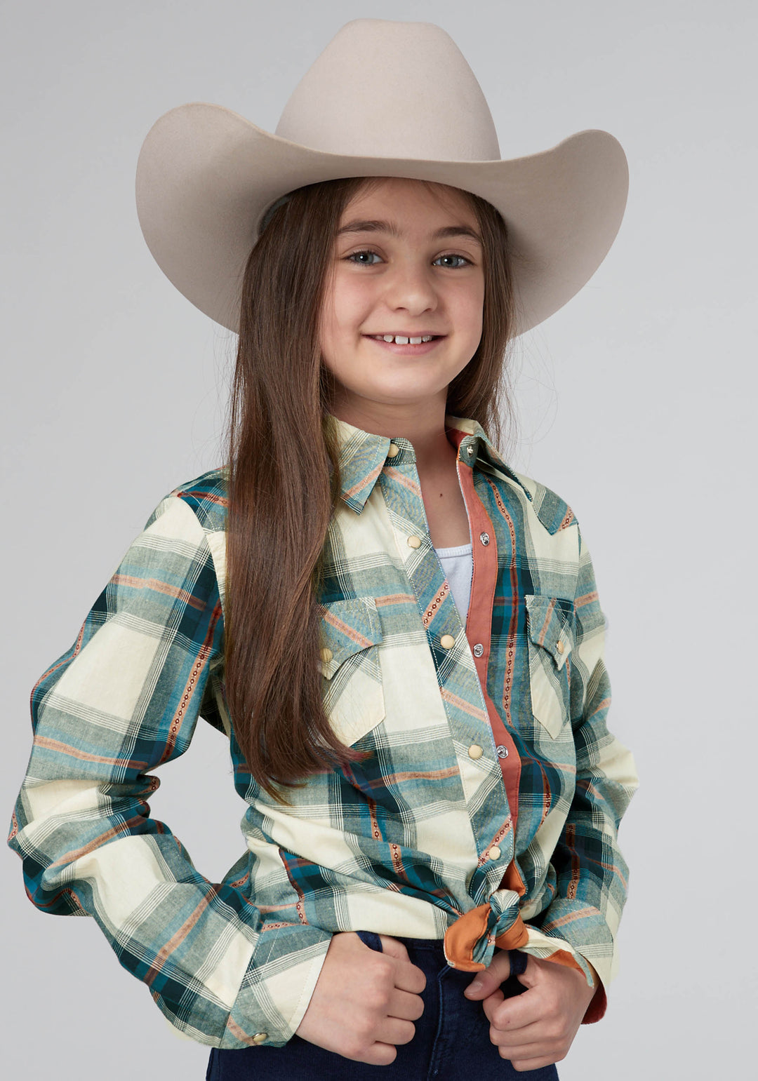 GIRLS TILE PLAID LONG SLEEVE SNAP WESTERN SHIRT