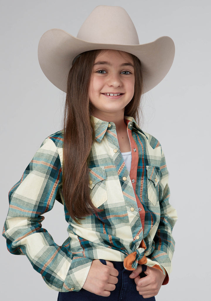 GIRLS TILE PLAID LONG SLEEVE SNAP WESTERN SHIRT