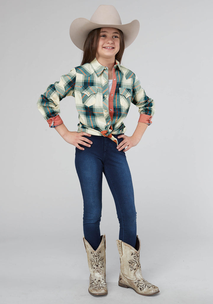 GIRLS TILE PLAID LONG SLEEVE SNAP WESTERN SHIRT