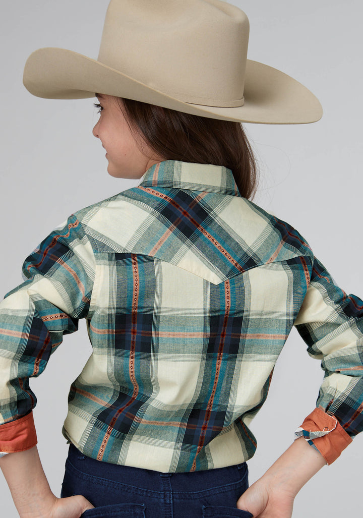 GIRLS TILE PLAID LONG SLEEVE SNAP WESTERN SHIRT