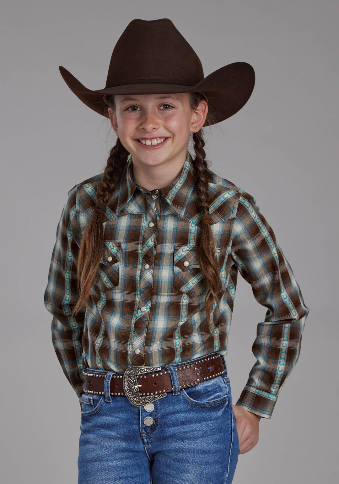 GIRLS HORSESHOE DOBBY LONG SLEEVE SNAP WESTERN SHIRT