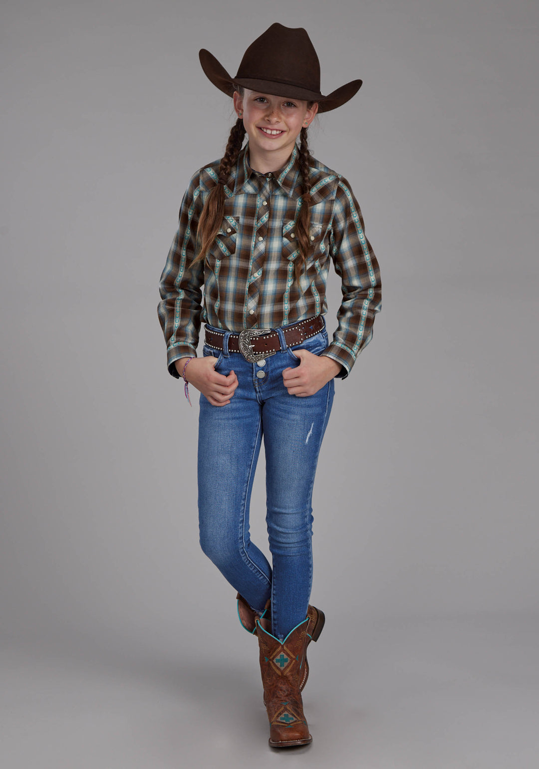 GIRLS HORSESHOE DOBBY LONG SLEEVE SNAP WESTERN SHIRT