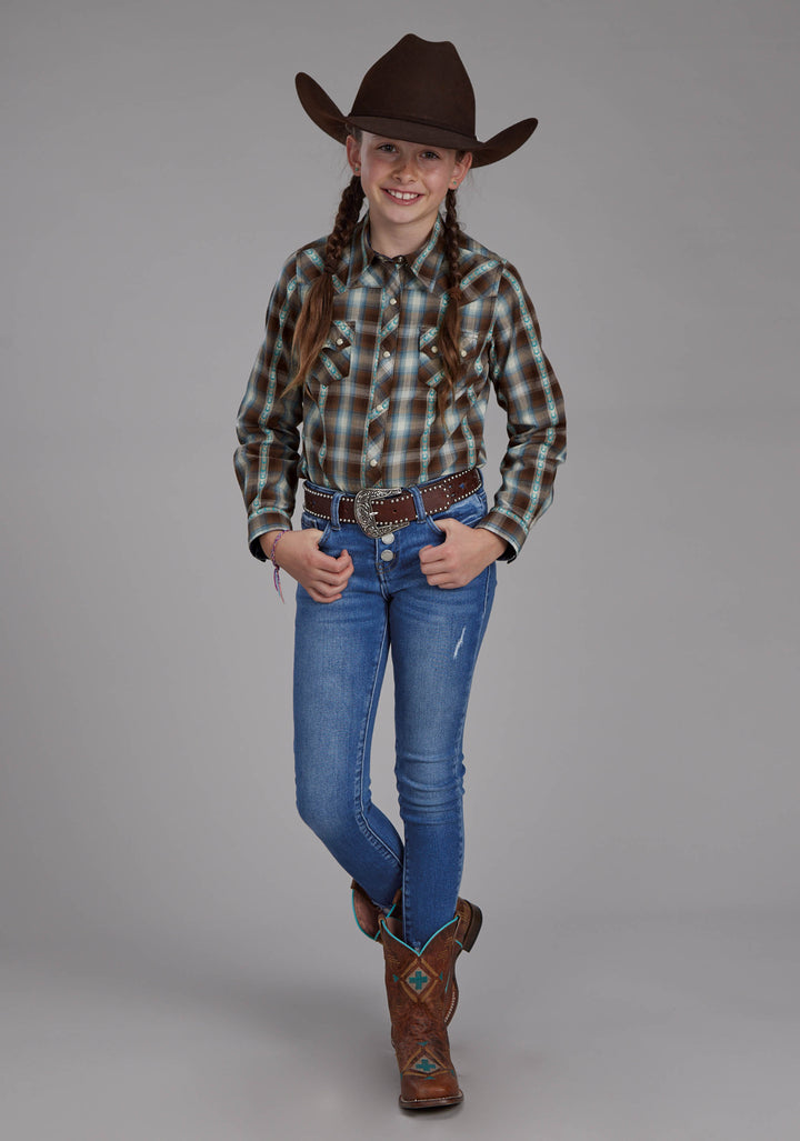 GIRLS HORSESHOE DOBBY LONG SLEEVE SNAP WESTERN SHIRT